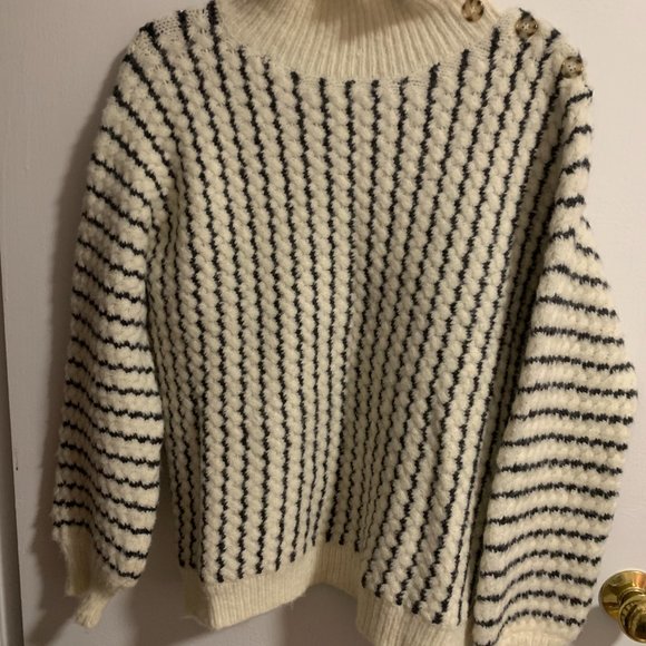 NWOT FRNCH - Stripe Button Cable Knit Turtleneck Sweater, oatmeal / M-L - Picture 5 of 7